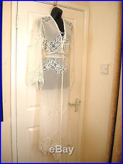 12 Asos White Sand Semi Sheer Chiffon Maxi Dress + Slip Wedding 20's 30s Vintage