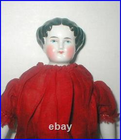 12 Germany flat top china head in orig dark red cotton dress & cotton slip