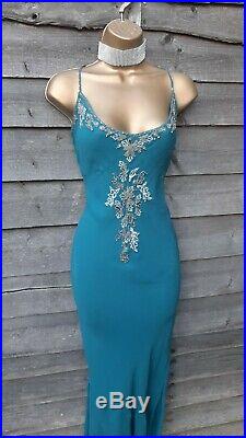 14 UK KAREN MILLEN Vintage Teal Blue Beaded Bias Cut Summer Maxi Long Slip Dress