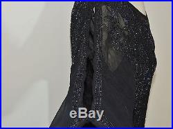 1920-30's Black Silk Chiffon Flapper Dress w Iris Blue Beading / Slip MED