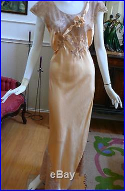 1920-30`s Peach Silk Bias cut Slip Dress / Negligee Mauve Lace Belted
