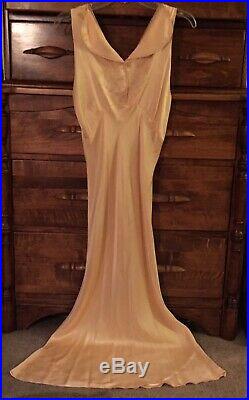 1920-30s Peach Silk Bias-cut Slip Dress / Negligee Nightgown Embroidered Sz S