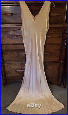 1920-30s Peach Silk Bias-cut Slip Dress / Negligee Nightgown Embroidered Sz S