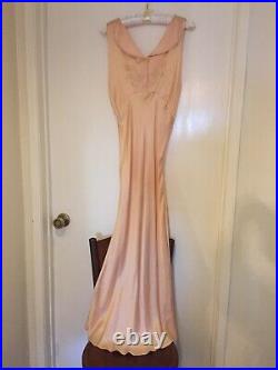1920-30s SILK Bias-cut Slip-Dress NEGLIGEE Nightgown Apricot EMBROIDERED Sz S