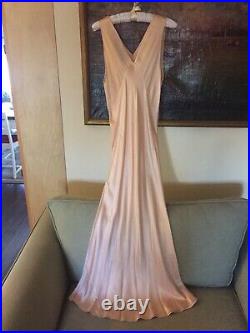 1920-30s SILK Bias-cut Slip-Dress NEGLIGEE Nightgown Apricot EMBROIDERED Sz S