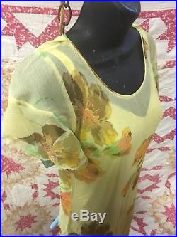 1920 Silk Chiffon Flapper Dress Sheer Yellow Flowers Has Under Slip Handmade