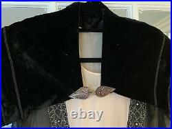 1920's Black Beaded Gown Flapper Beads Sheer Silk Art Deco w Slip Velvet Caplet