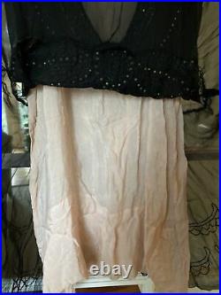 1920's Black Beaded Gown Flapper Beads Sheer Silk Art Deco w Slip Velvet Caplet