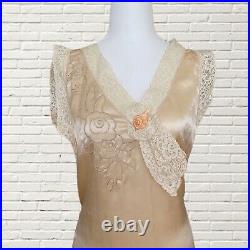 1920s 1930s silk slip dress Liquid Satin And Lace Embroidered Beige Size M