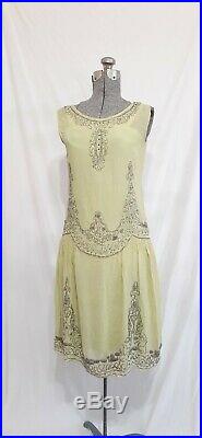 1920s Antique Chartreuse Green Silk Beaded Dress XSmall Drop Waist With Slip