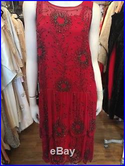 1920s Antique red silk with Glass Beads flapper Art Deco dress and slip Sz S/M