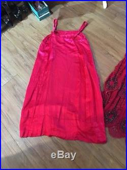 1920s Antique red silk with Glass Beads flapper Art Deco dress and slip Sz S/M
