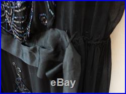 1920s Art Deco Black Silk Chiffon Beaded Dress w Slip larger size
