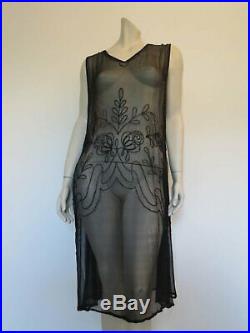 1920s Beaded Flapper Dress of Black Silk Chiffon With Slip Bust to 91 cm