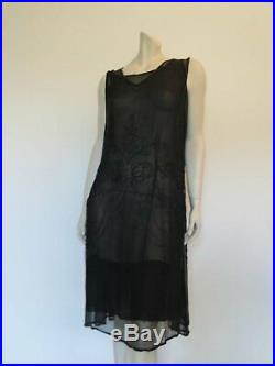 1920s Beaded Flapper Dress of Black Silk Chiffon With Slip Bust to 91 cm