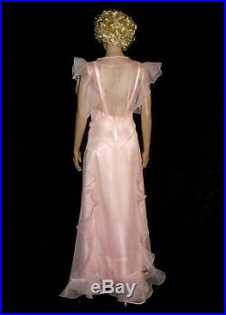 1920s Gatsby Pink Ruffled Organdy Full Length Gown Dress With Slip
