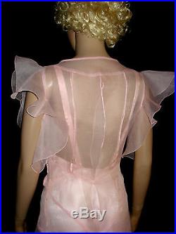 1920s Gatsby Pink Ruffled Organdy Full Length Gown Dress With Slip