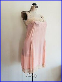 1920s Pink Silk Chemise Cream Lace Slip Dress Nightgown Embroidery Med Large