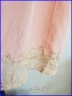 1920s Pink Silk Chemise Cream Lace Slip Dress Nightgown Embroidery Med Large