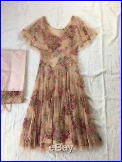1920s Vintage Antique Romantic Mesh Floral Dress Matching Slip