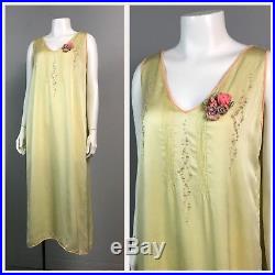 1920s Yellow Silk Sheer Sleeveless Flapper Slip Dress Embroidered Lingerie M
