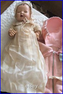 1930's Effanbee Dy-Dee Baby Doll WithPink Bunting, Long Dress, Slip, Bonnet, Blanket+