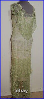 1930's Green Lace Art Deco Bias Cut Dress / Gown w Slip Sm