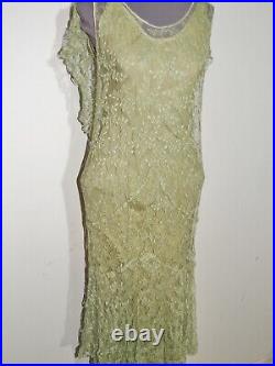 1930's Green Lace Art Deco Bias Cut Dress / Gown w Slip Sm