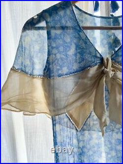 1930's Rare Chiffon Blue Floral Dress with Flutter Sleeve includes original slip