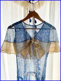 1930's Rare Chiffon Blue Floral Dress with Flutter Sleeve includes original slip