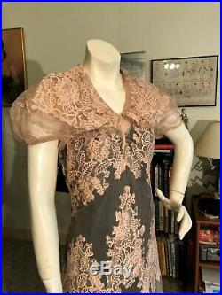 1930's Vtg Sheer Pink Net Dress withNet Floral Lace Designs withBlack Matching Slip