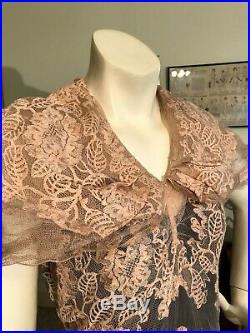 1930's Vtg Sheer Pink Net Dress withNet Floral Lace Designs withBlack Matching Slip