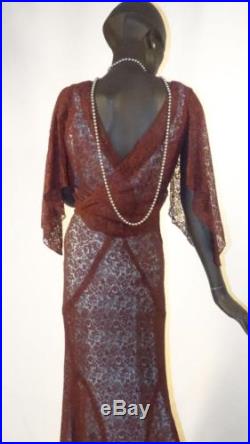 1930s 1940s Deco Evening Dress Mahogany Brown Lace With Blue Slip Sz 6