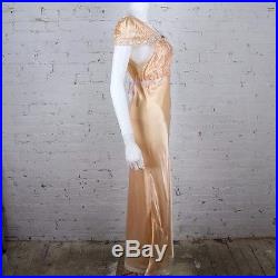 1930s 1940s Slip Dress nightgown peach satin flower embroidery peasant stye M