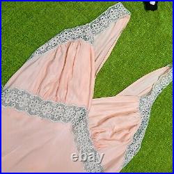 1930s Antique Vintage Baby Pink Slip Maxi Dress Floral Lace Rayon Bias Cut Vneck
