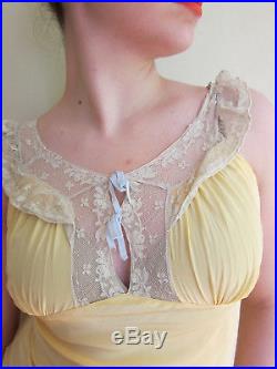1930s Art Deco Yellow Nightgown Slip Dress Bias Cut with Cream Lace Negligee M