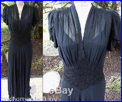 1930s Black Chiffon Dress Hollywood Glamour Gown Art Deco Bias Vintage Slip 28w