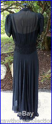 1930s Black Chiffon Dress Hollywood Glamour Gown Art Deco Bias Vintage Slip 28w