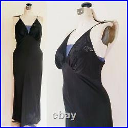 1930s Black Slip Dress Nightgown Negligee Lingeris Bias Cut Rayon Lace Bodice M