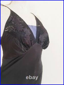 1930s Black Slip Dress Nightgown Negligee Lingeris Bias Cut Rayon Lace Bodice M