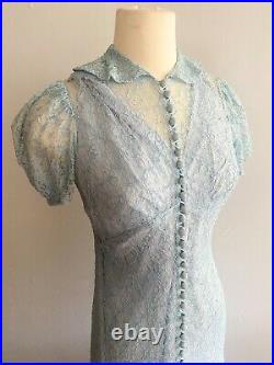 1930s Icy Blue Slip with lace dress over top button closure puff sleeve
