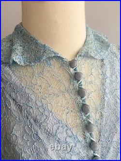 1930s Icy Blue Slip with lace dress over top button closure puff sleeve