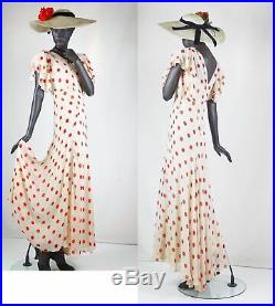 1930s Red Polka Dot Deco Silk Chiffon Evening Dress with Slip Sz 8-10 #1567AB