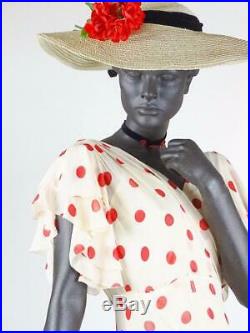 1930s Red Polka Dot Deco Silk Chiffon Evening Dress with Slip Sz 8-10 #1567AB