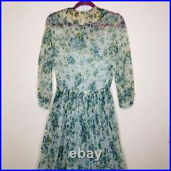 1930s Sheer Floral Day Dress with Chemise Slip Women Small Long Maxi Longsleeve