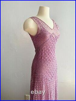 1930s Vintage Lilac Purple Eyelet Lace Long Gown with Matching Crepe Bias Slip