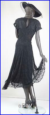 1930s or 1940s Black Lace Deco Evening Dress with Slip Sz 8-10 #1565AB