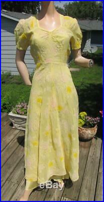 1940's Yellow Organdy Flocked Maxi Dress W Slip 26w