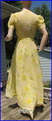 1940's Yellow Organdy Flocked Maxi Dress W Slip 26w