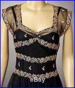 1940s Black Nylon Evening Gown with Pink Embroidery and Matching Rayon Slip